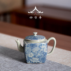 四方亭 青花茶壺手工家用四方陶瓷單壺家用功夫茶具開片泡茶器