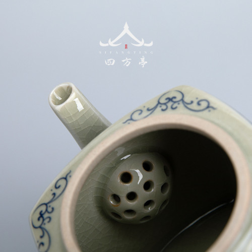 四方亭 青花茶壺手工家用四方陶瓷單壺家用功夫茶具開片泡茶器