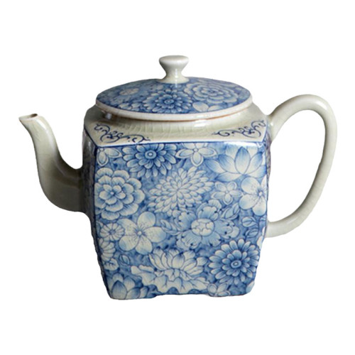 四方亭 青花茶壺手工家用四方陶瓷單壺家用功夫茶具開片泡茶器