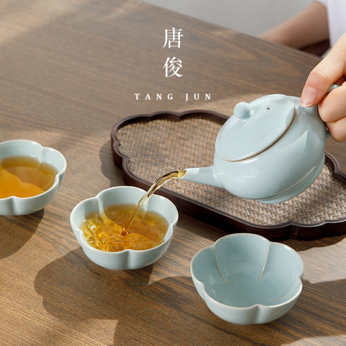 四方亭 汝窰茶壺手工可養陶瓷開片功夫茶具大號單壺泡茶器禮盒裝