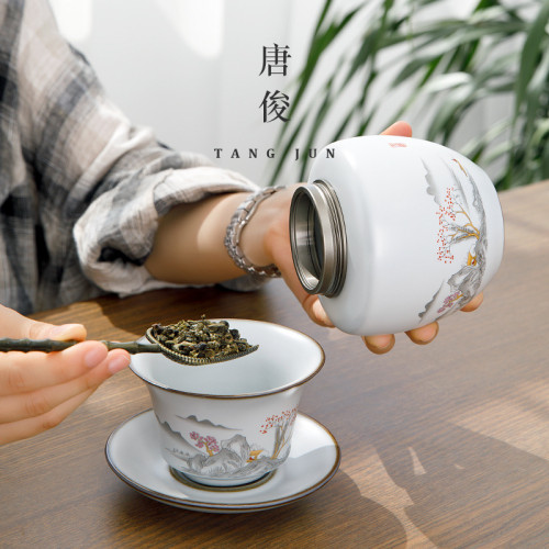 景德鎮月白茶葉罐精美大號普洱茶倉儲存高檔中式復古空盒裝茶放茶