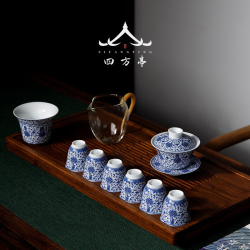 景德鎮青花瓷茶具盃子家用茶磐陶瓷功夫茶蓋碗三才套裝茶盃辦公室