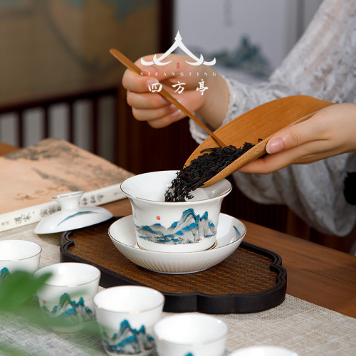 四方亭 千裡江山茶具套裝國潮中式蓋碗禮品景德鎮白瓷簡約泡茶壺
