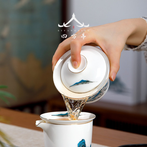四方亭 千裡江山茶具套裝國潮中式蓋碗禮品景德鎮白瓷簡約泡茶壺