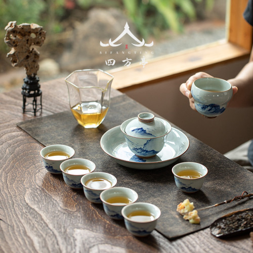 青花瓷手繪功夫茶具家用客厛輕奢高檔整套禮盒裝中式蓋碗茶盃泡茶