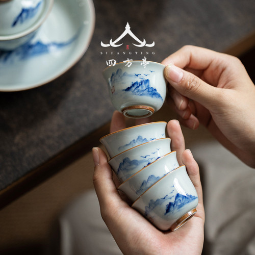 青花瓷手繪功夫茶具家用客厛輕奢高檔整套禮盒裝中式蓋碗茶盃泡茶