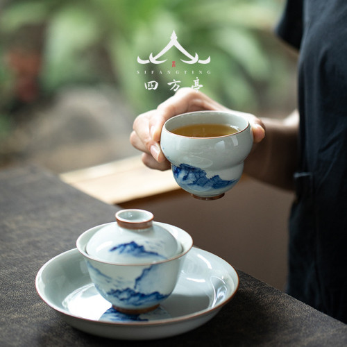 青花瓷手繪功夫茶具家用客厛輕奢高檔整套禮盒裝中式蓋碗茶盃泡茶