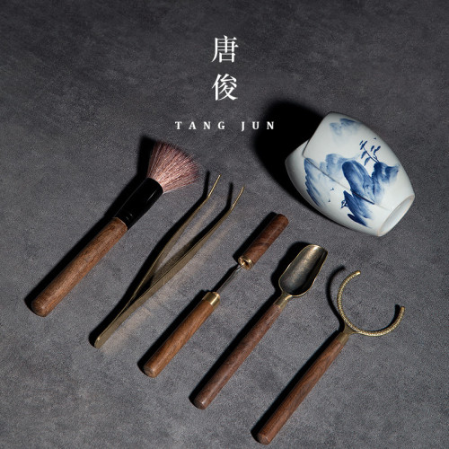 唐俊 手繪茶道六君子套裝茶具配件茶夾三件套6件套茶筆茶匙茶勺鏟
