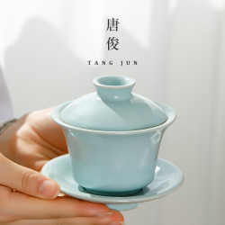 汝窰蓋碗三才茶碗茶盃可養開片懸停加厚不燙手帶蓋高檔泡茶碗