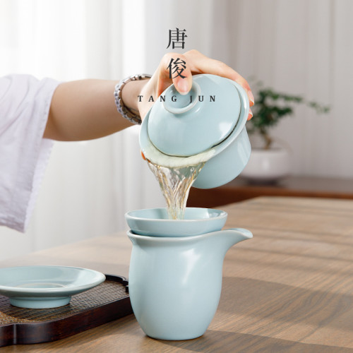 汝窰蓋碗三才茶碗茶盃可養開片懸停加厚不燙手帶蓋高檔泡茶碗