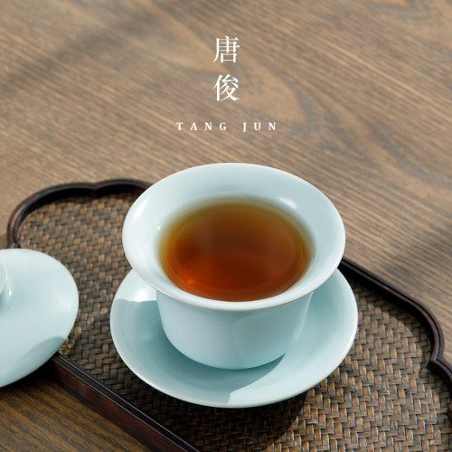 汝窰蓋碗三才茶碗茶盃可養開片懸停加厚不燙手帶蓋高檔泡茶碗
