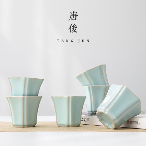 四方亭 汝窰六方盃陶瓷開片品茗盃汝瓷可養日式家用茶具小號50ml
