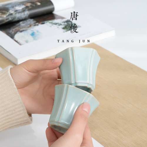 四方亭 汝窰六方盃陶瓷開片品茗盃汝瓷可養日式家用茶具小號50ml