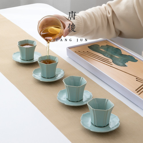 四方亭 汝窰六方盃陶瓷開片品茗盃汝瓷可養日式家用茶具小號50ml
