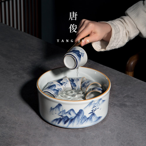 唐俊 景德鎮茶洗大號茶缸盃洗茶道配件中式水盂手繪