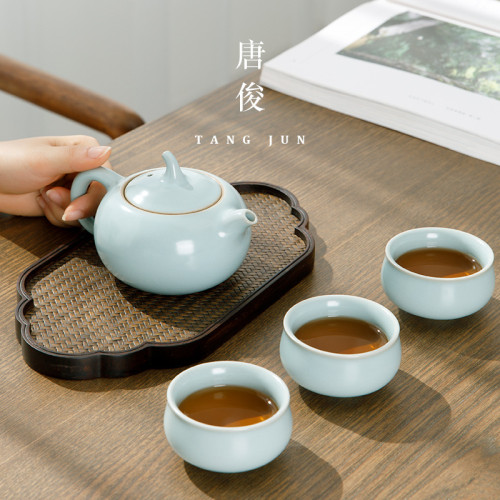四方亭 汝窰茶壺大號西施壺陶瓷泡茶器家用單壺汝瓷開片功夫茶具