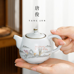 景德鎮汝窰月白茶壺陶瓷家用開片可養泡茶壺復古中式功夫茶具