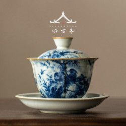 汝窰三才蓋碗茶盃單個高檔不燙手高端防燙青花瓷泡茶盃茶具套裝