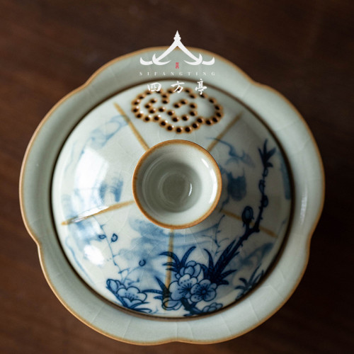 汝窰三才蓋碗茶盃單個高檔不燙手高端防燙青花瓷泡茶盃茶具套裝