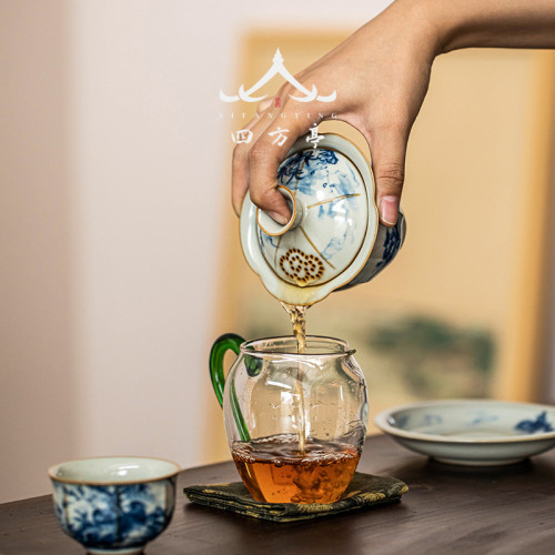 汝窰三才蓋碗茶盃單個高檔不燙手高端防燙青花瓷泡茶盃茶具套裝