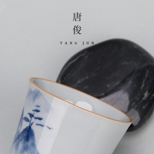 青花瓷手繪功夫茶盃遠山客人盃套裝六個裝品茗盃景德鎮盃子陶瓷