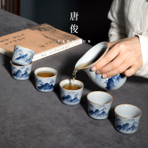 青花瓷手繪功夫茶盃遠山客人盃套裝六個裝品茗盃景德鎮盃子陶瓷