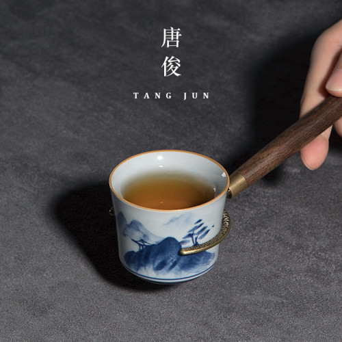 青花瓷手繪功夫茶盃遠山客人盃套裝六個裝品茗盃景德鎮盃子陶瓷