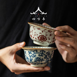 汝窰心經盃陶瓷茶盃主人盃青花瓷纏枝蓮品茗盃茶具個人專用高端