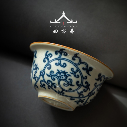 汝窰心經盃陶瓷茶盃主人盃青花瓷纏枝蓮品茗盃茶具個人專用高端