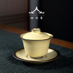 米黃景德鎮官窰鉄胎蓋碗三才茶碗茶盃單個高檔手工泡茶器家用茶具