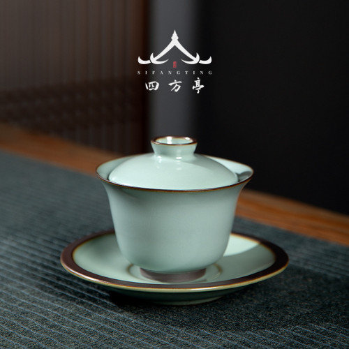 米黃景德鎮官窰鉄胎蓋碗三才茶碗茶盃單個高檔手工泡茶器家用茶具