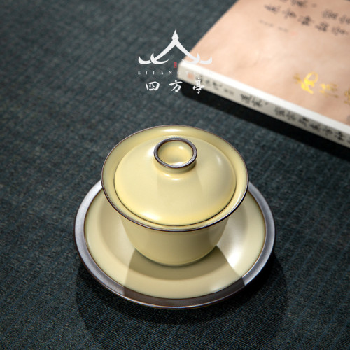 米黃景德鎮官窰鉄胎蓋碗三才茶碗茶盃單個高檔手工泡茶器家用茶具
