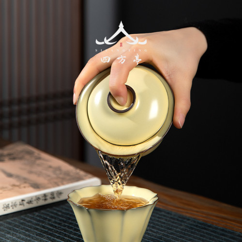 米黃景德鎮官窰鉄胎蓋碗三才茶碗茶盃單個高檔手工泡茶器家用茶具
