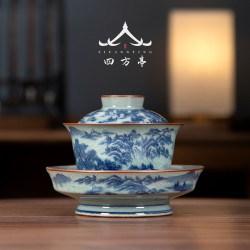 蓋碗茶盃高足三才茶碗青花瓷景德鎮單個高檔茶具中式古典中國風