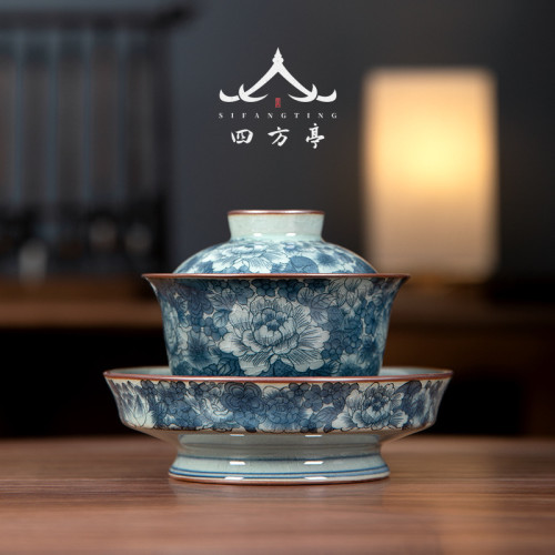 蓋碗茶盃高足三才茶碗青花瓷景德鎮單個高檔茶具中式古典中國風