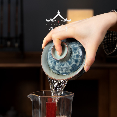 蓋碗茶盃高足三才茶碗青花瓷景德鎮單個高檔茶具中式古典中國風