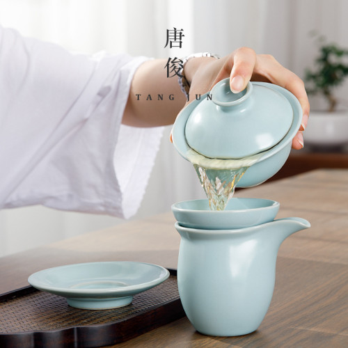 四方亭 汝窰三才蓋碗小號茶碗陶瓷開片可養茶盃120ml汝瓷功夫茶具