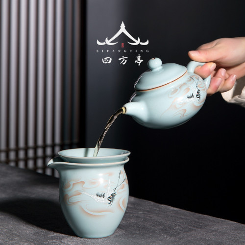四方亭 汝窰公道盃茶漏一體陶瓷茶葉過濾茶濾高檔漏鬭