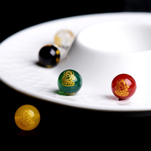 久雅水晶  天然瑪瑙五路財神燙金珠子黃紅白黑綠圓珠財神散珠批髮