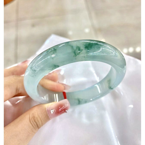 天然緬甸冰糯種飄花翡翠手鐲正品玉石陽綠正圈圓條玉鐲子玉石女款