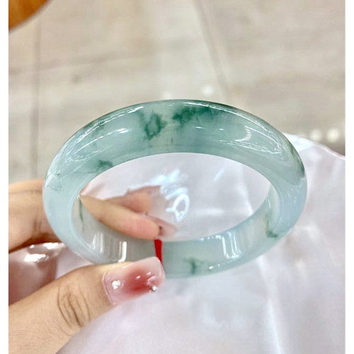 天然緬甸冰糯種飄花翡翠手鐲正品玉石陽綠正圈圓條玉鐲子玉石女款