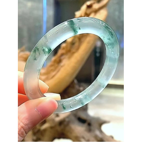 天然緬甸翡翠手鐲圓條飄花老坑冰種水潤通透翡翠玉鐲子送禮少女款