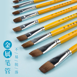 狼毫畫筆批髮木質黃杆平頭油畫丙烯水粉水彩顔料專用套裝美術勾線