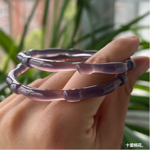 高冰帝王紫細冰灰紫玉髓竹節手鐲女款 竹子瑪瑙菸紫灰鐲子細圓條