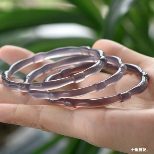 高冰帝王紫細冰灰紫玉髓竹節手鐲女款 竹子瑪瑙菸紫灰鐲子細圓條