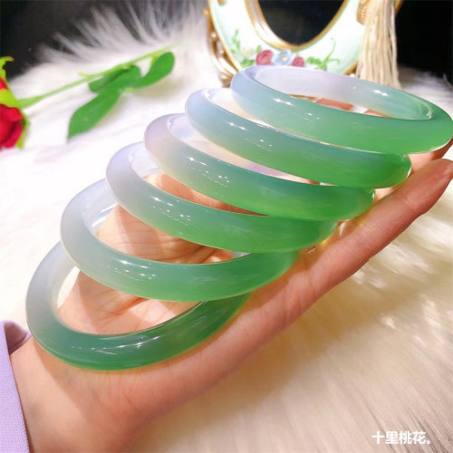 天然瑪瑙手鐲女款半山半水油青玉髓瑪瑙鐲子細條高冰叮噹圓鐲少女