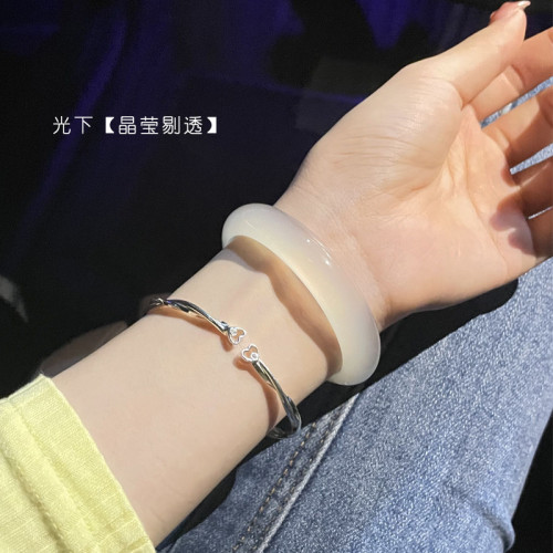 天然冰種白瑪瑙手鐲少女荔枝凍白月光玉鐲玉髓翡翠鐲子送女友禮物