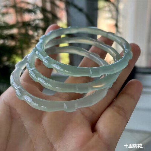 油青綠冰透淺綠玉髓手鐲竹節高女款纖細竹節瑪瑙鐲子輕奢玉鐲首飾