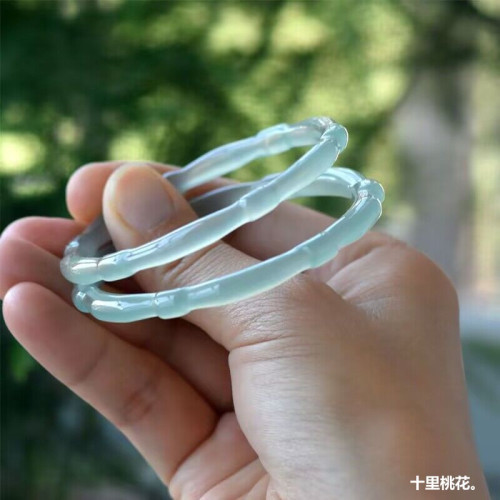 油青綠冰透淺綠玉髓手鐲竹節高女款纖細竹節瑪瑙鐲子輕奢玉鐲首飾