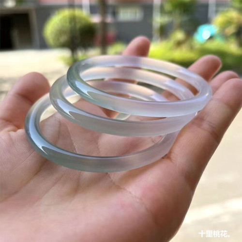 半山半水油青色漸變玉髓手鐲少女款細圓條美人叮噹鐲瑪瑙鐲子淺釉